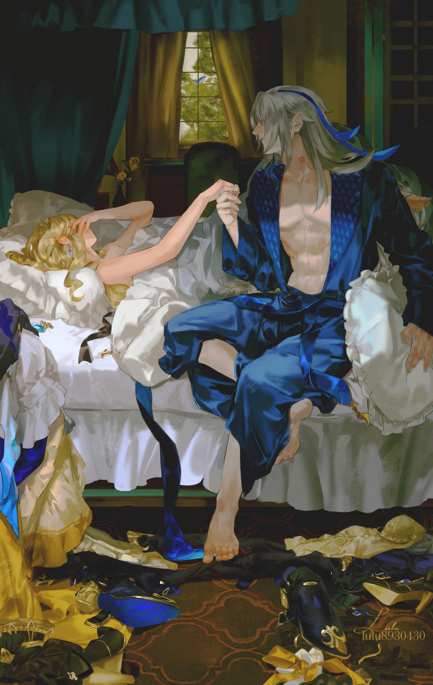 1boy abs absurdres asymmetrical_bangs bare_shoulders bed bedroom bird blanket blonde_hair blue_hair blue_pants blue_shirt clothes clothes_on_floor color_contrast commentary_request curtains earrings female flower genshin_impact highres holding_hands indoors jewelry light_blue_hair lluluchwan long_hair lying multicolored_hair navia_(genshin_impact) neuvillette_(genshin_impact) on_back on_bed open_clothes open_shirt pajamas pants pectorals pillow shirt sitting streaked_hair tree under_covers unworn_clothes white_hair window