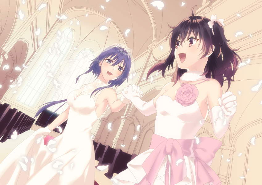 2girls :d ahoge asakura_mihono bare_shoulders blue_eyes blue_hair breasts bridal_veil church cleavage clenched_hand collarbone commentary_request dress earrings elbow_gloves falling_petals flower fur_choker gloves hair_between_eyes highres holding_hands imotaberu indoors interlocked_fingers jewelry large_breasts long_hair medium_breasts medium_hair mole mole_under_eye multiple_girls open_mouth petals ponytail purple_eyes purple_hair setouchi_chie sidelocks skirt_hold smile standing strapless strapless_dress toji_no_miko two_side_up veil wedding_dress white_dress white_gloves wife_and_wife yuri