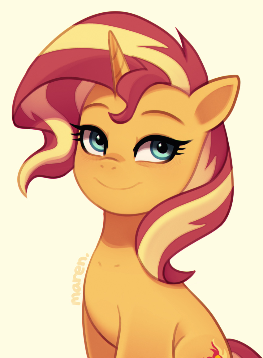 absurd_res blonde_hair blue_eyes equestria_girls equid equine female feral hair hasbro hi_res horn mammal marenlicious multicolored_hair my_little_pony mythological_creature mythological_equine mythology red_hair simple_background smile solo sunset_shimmer_(eg) two_tone_hair unicorn yellow_body