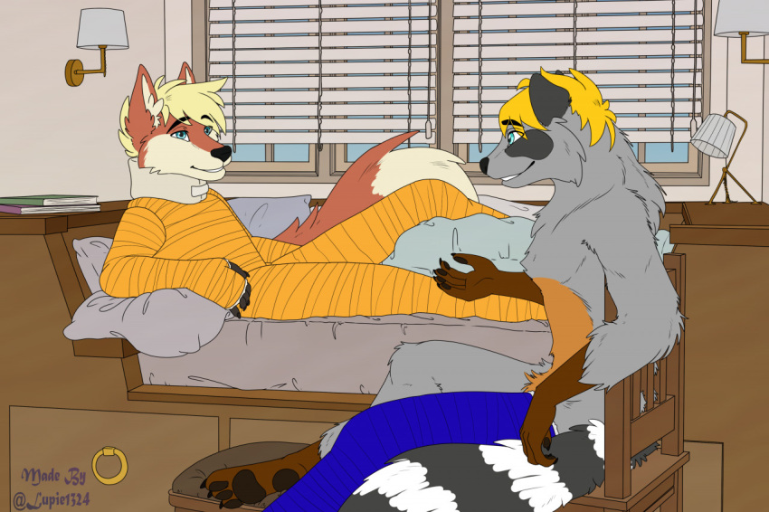 anthro aspen_(castfox) bed blonde_hair body_cast canid canine cast chair duo fox full_body_cast fur furniture grey_body grey_fur hair immobile lupie1324 male male/male mammal mathias_(castfox) orange_body orange_fur procyonid raccoon