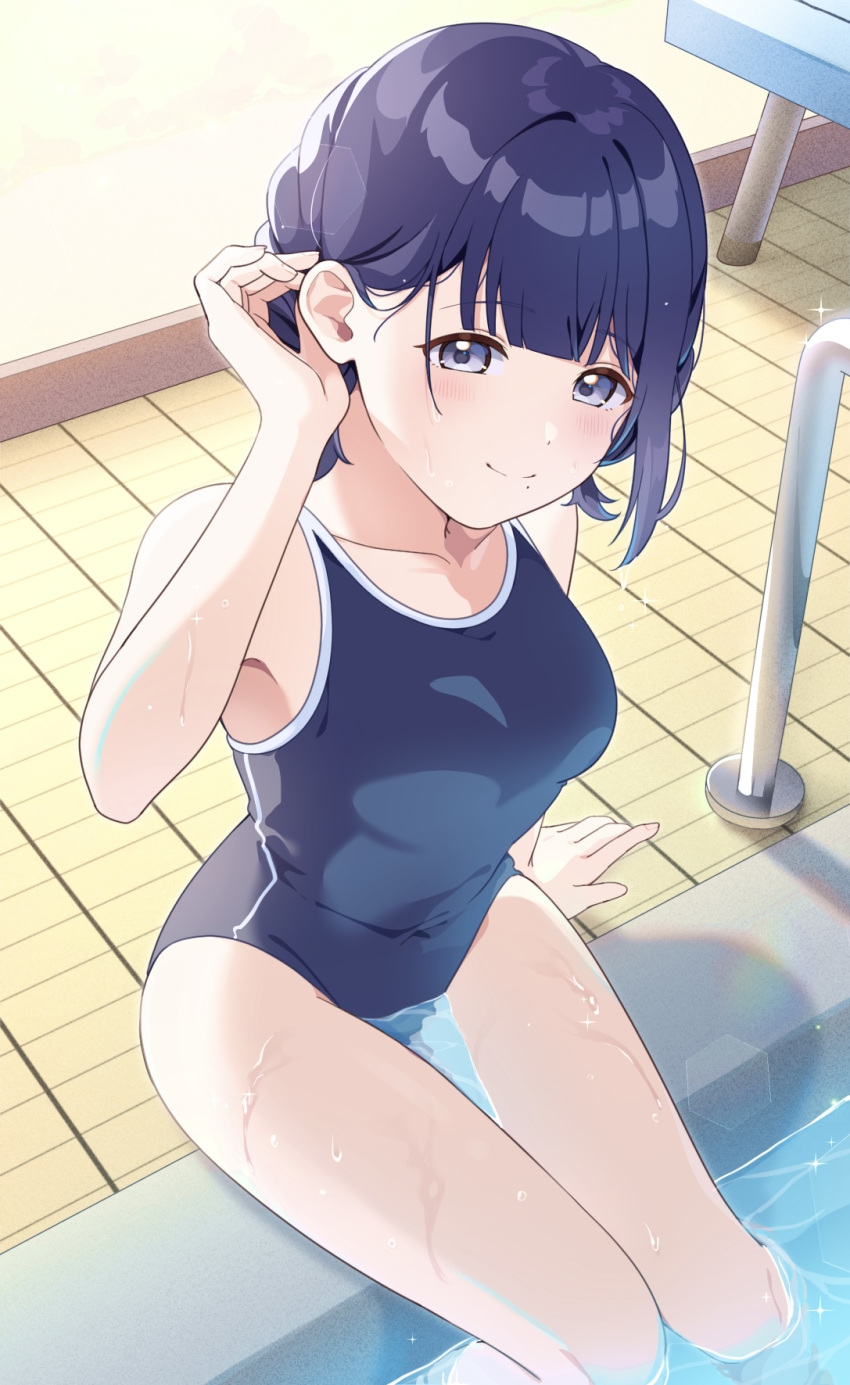 arm_support bare_shoulders bench blue_one-piece_swimsuit blurry blush breasts closed_mouth collarbone commentary_request cure_mumu depth_of_field dot_nose female gakuen_idolmaster hand_up hataya_misuzu highres idolmaster knees_together_feet_apart looking_at_viewer medium_breasts mole mole_under_mouth one-piece_swimsuit pool poolside purple_eyes purple_hair rainbow_gradient short_hair sitting smile solo sparkle swimsuit tile_floor tiles tucking_hair water wet white_trim