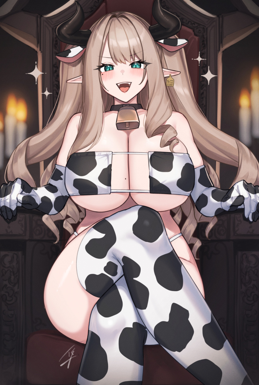 :d animal_ears animal_print bell bikini blue-eyed_elven_girl_(hayabusa) blurry blurry_background blush breasts brown_hair candle chair commentary_request cow_ears cow_print cow_print_bikini cow_print_gloves cow_print_thighhighs crossed_legs elbow_gloves elf feet_out_of_frame female gloves green_eyes hayabusa_(vert_320) highres horns huge_breasts long_hair mole mole_on_breast mole_under_eye neck_bell open_mouth original pointy_ears print_bikini print_gloves print_thighhighs sidelocks signature sitting slit_pupils smile solo swimsuit teeth thighhighs thighs underboob upper_teeth_only