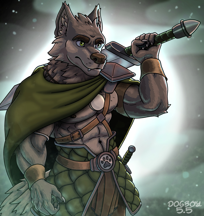 abs absurd_res anthro armor biceps canid canine canis cape clothed clothing collar digital_drawing_(artwork) digital_media_(artwork) dogboy55_artss far_beyond_the_world_(series) fur green_eyes hi_res jewelry male mammal medieval medieval_clothing melee_weapon multicolored_body multicolored_fur muscular muscular_anthro muscular_male neck_tuft nipples pecs ranok_(far_beyond_the_world) shaded simple_background solo solo_focus solo_in_panel sword sword_on_back tail tuft two_tone_body two_tone_fur weapon wolf