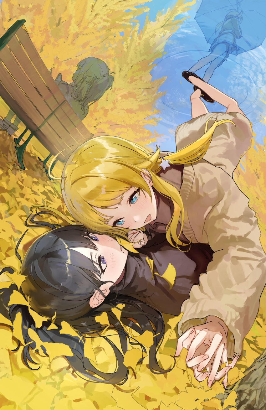 2girls absurdres ahoge autumn_leaves bench black_footwear black_hair black_shirt blonde_hair blue_eyes blush book brown_dress brown_shirt day dress fisheye ginkgo_leaf hachimiya_meguru hair_ornament high_heels highres holding holding_book holding_hands holding_umbrella idolmaster idolmaster_shiny_colors interlocked_fingers kazano_hiori leaf long_hair long_sleeves low_twintails lying lying_on_person mole mole_under_mouth multiple_girls multiple_views on_back on_bench on_ground open_mouth outdoors ponytail puddle purple_eyes refraction ripples shirt smile star_(symbol) star_hair_ornament tree twintails umbrella uouokuma water wooden_bench