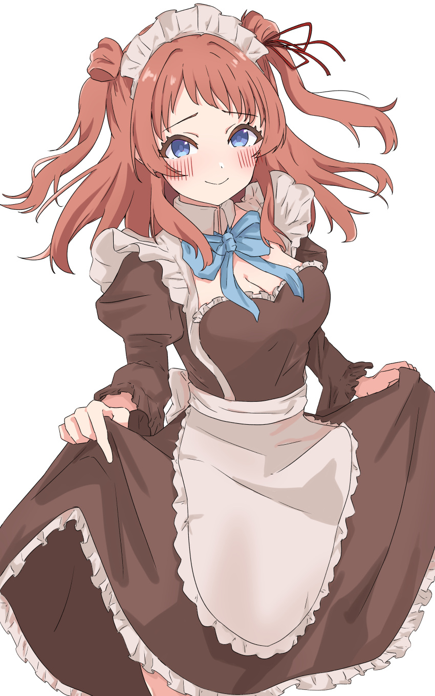 absurdres alternate_costume apron blue_bow blue_bowtie blue_eyes blush bow bowtie breasts brown_dress brown_hair cleavage commentary curtsey dress enmaided female frilled_apron frills gakuen_idolmaster hanami_saki highres idolmaster juliet_sleeves long_hair long_sleeves looking_at_viewer maid maid_apron maid_headdress medium_breasts puffy_sleeves simple_background skirt_hold smile solo two_side_up uriumi_sub white_apron white_background