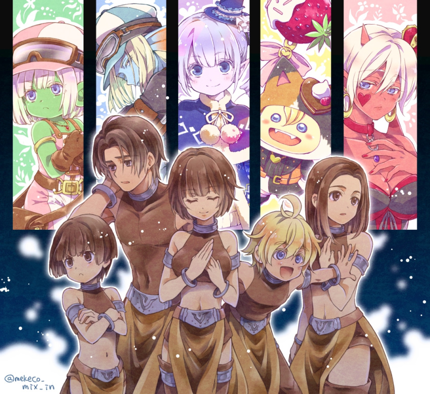 2boys 3girls :d ahoge bare_shoulders blonde_hair blue_eyes blue_skin blunt_bangs blunt_sidelocks bob_cut bow breasts brown_eyes brown_gloves brown_hair brown_skirt brown_thighhighs cleavage closed_eyes colored_eyelashes colored_skin commentary_request covered_collarbone covered_navel covered_pectorals cropped_shirt crossed_arms crown dragon_quest dragon_quest_x dual_persona dwarf_(dq10) earrings elf_(dq10) facial_tattoo fangs fins flat_chest food fruit gloves goggles goggles_on_headwear gold_armlet gold_earrings green_skin hand_on_own_cheek hand_on_own_chest hand_on_own_face head_fins heart heart_tattoo hero_(dq10) heroine_(dq10) hoop_earrings horns jewelry large_breasts large_ears medium_hair mekeko mini_crown multiple_boys multiple_girls navel ogre_(dq10) one_eye_closed open_mouth parted_hair pink_bow pointy_ears puklipo purple_skin red_skin shirt short_hair shoulder_spikes side_slit silver_armlet silver_bracelet silver_choker skirt sleeveless sleeveless_shirt smile spikes strawberry tattoo thighhighs twitter_username weddie_(dq10) white_hair