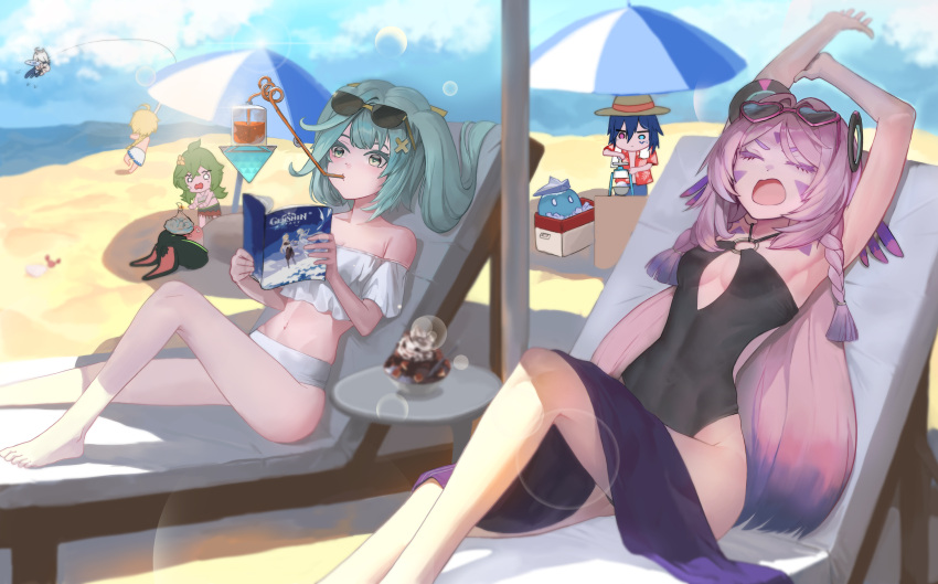 3boys 4girls aether_(genshin_impact) aqua_hair armpits arms_up bare_shoulders barefoot beach beach_umbrella black_hair black_one-piece_swimsuit blonde_hair blue_eyes blue_hair blue_sky book braid citlali_(genshin_impact) closed_eyes cloud collei_(genshin_impact) colored_eyelashes crop_top cup day drinking_glass drinking_straw facial_mark faruzan_(genshin_impact) forehead_mark genshin_impact green_hair hair_ornament halterneck heterochromia highres holding holding_book lumine_(genshin_impact) midriff multiple_boys multiple_girls navel o_o ocean off-shoulder_shirt off_shoulder one-piece_swimsuit open_mouth ororon_(genshin_impact) outdoors paimon_(genshin_impact) purple_eyes red_shirt seho_park_187 shirt short_sleeves sky slime_(creature) stomach sunglasses swimsuit thighs tighnari_(genshin_impact) umbrella water white_shirt x_hair_ornament