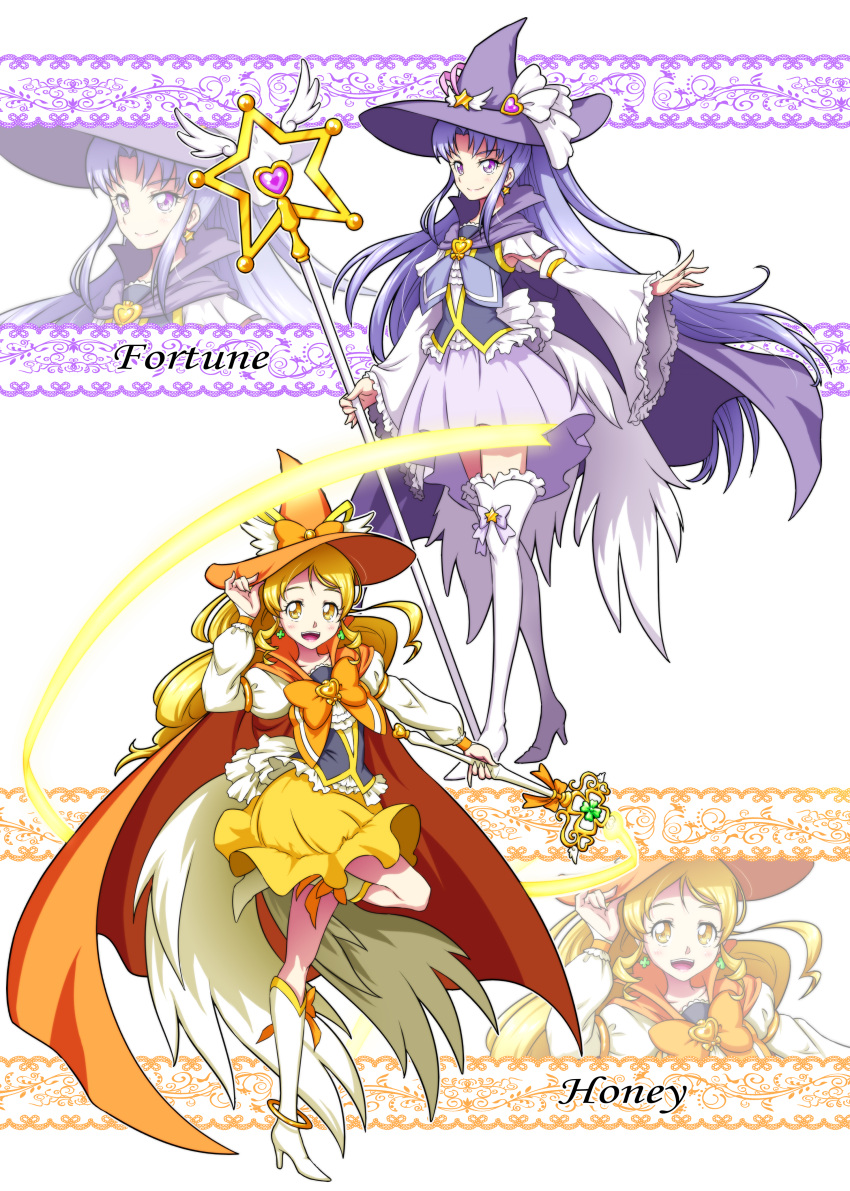 2girls :d absurdres adapted_costume alternate_costume blonde_hair boots bow cape character_name commentary_request cure_fortune cure_honey detached_sleeves earrings eyelashes hair_ornament happinesscharge_precure! happy hat high_heel_boots high_heels highres hikawa_iona in-franchise_crossover jewelry knee_boots large_hat long_hair looking_at_viewer magical_girl mahou_girls_precure! matatabi_(karukan222) multiple_girls oomori_yuuko open_mouth orange_cape ponytail precure puffy_sleeves purple_cape purple_eyes purple_hair purple_skirt skirt smile staff standing thigh_boots thighhighs unofficial_precure_costume vest wand witch witch_hat yellow_eyes yellow_skirt