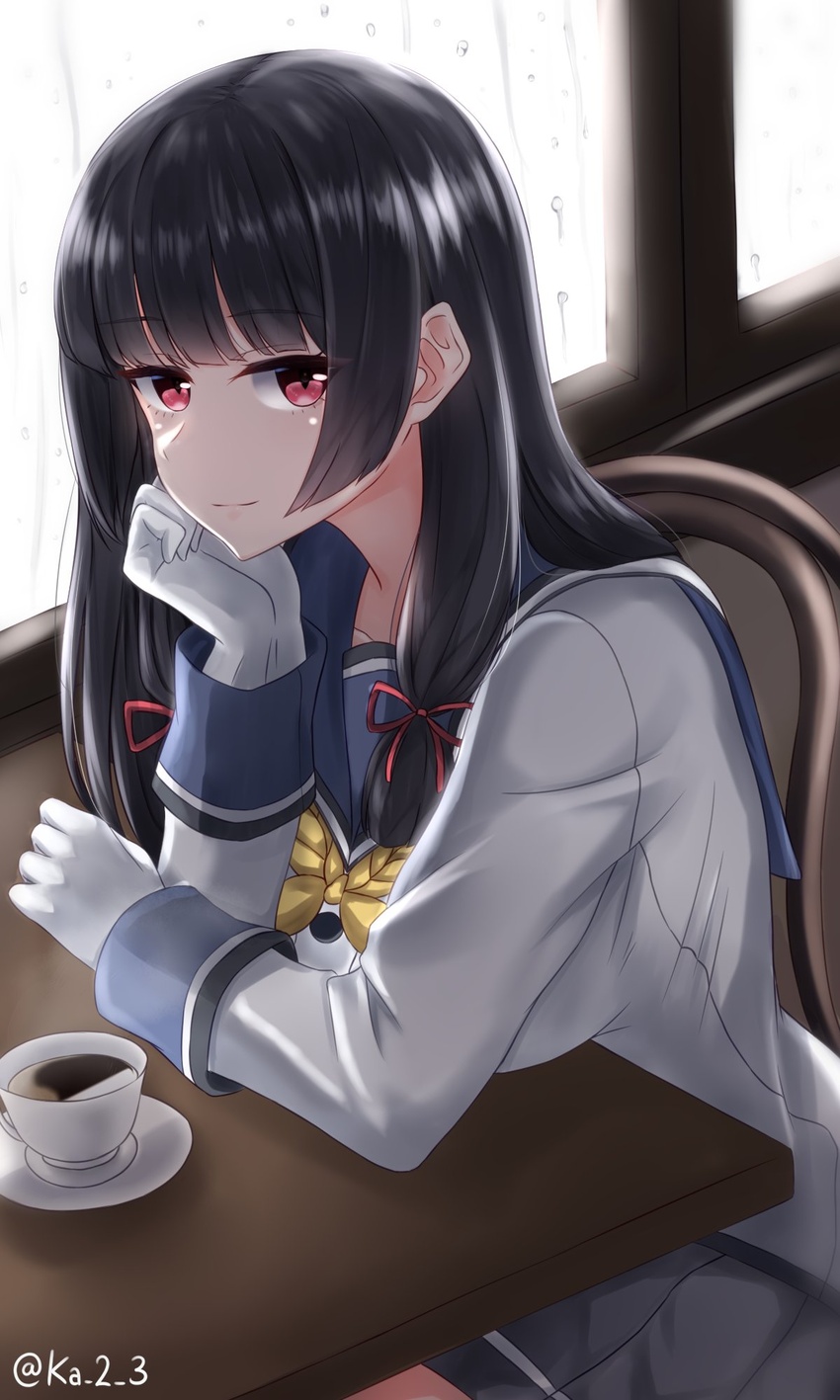 bad_id bad_twitter_id black_hair blue_sailor_collar commentary_request cup disposable_coffee_cup disposable_cup female gloves hair_ribbon highres ibuki_grunt isokaze_(kancolle) kantai_collection long_hair long_sleeves looking_at_viewer neckerchief red_eyes ribbon sailor_collar saucer school_uniform serafuku solo table tress_ribbon upper_body white_gloves yellow_neckerchief