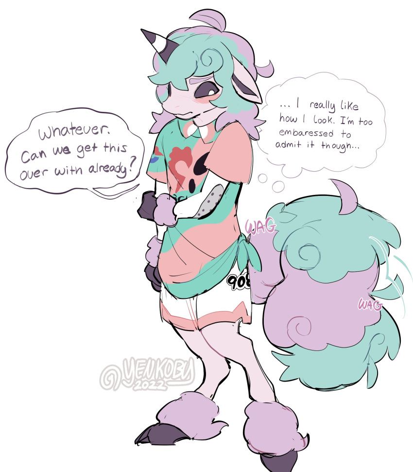 2022 anthro bede_(pokemon) blush bottomwear clothed clothing dialogue ears_down embarrassed english_text equid equine femboy fluffy fluffy_tail fully_clothed fur galarian_form galarian_ponyta generation_8_pokemon green_body green_fur hi_res hooves horn male mammal nintendo pivoted_ears pokemon pokemon_(species) purple_body purple_fur regional_form_(pokemon) secretly_loves_it shirt shorts signature simple_background snout solo speech_bubble tail tail_motion tailwag text thought_bubble topwear unguligrade white_background yenkoby