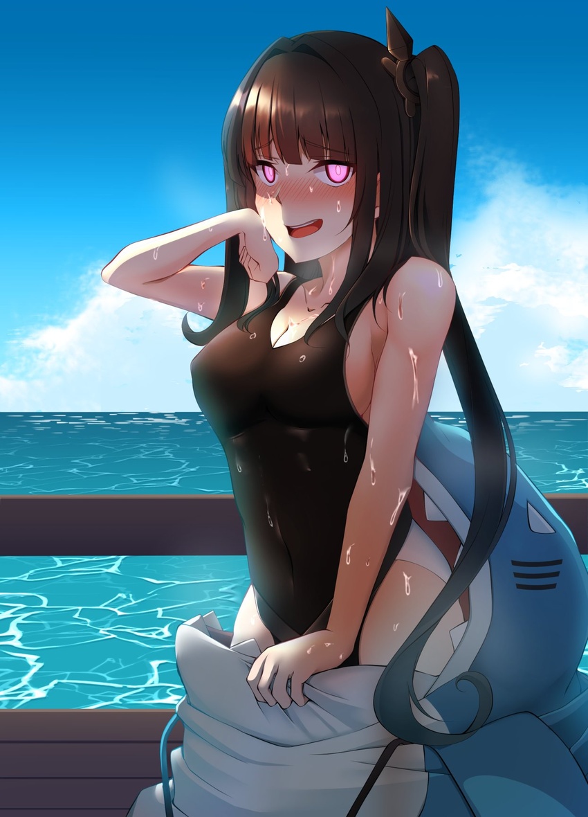 4tb_(4tera_byte) animal_costume architect_(girls'_frontline) black_hair blush breasts cleavage commission cosplay female girls'_frontline highres kigurumi long_hair medium_breasts ocean official_alternate_costume one-piece_swimsuit open_mouth outdoors pink_eyes sangvis_ferri shark_costume side_ponytail sidelocks skeb_commission smile solo sweat swimsuit very_long_hair