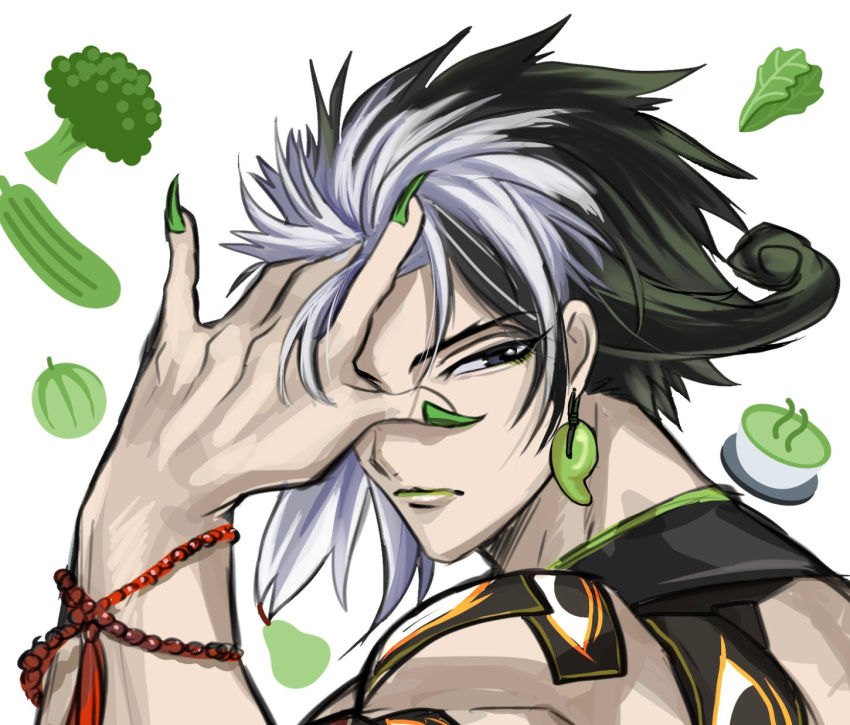 1boy alternate_hair_length alternate_hairstyle ashiya_douman_(fate) ashiya_douman_(second_ascension)_(fate) asymmetrical_hair bead_bracelet beads black_eyes black_hair bracelet broccoli close-up cucumber curly_hair earrings fate/grand_order fate_(series) fingernails food from_behind fruit green_nails green_tea highres jewelry lettuce magatama magatama_earrings male_focus multicolored_hair muscular muscular_male nape nonono_nagata orange_(fruit) pear sharp_fingernails short_hair solo tea two-tone_hair very_long_fingernails white_background white_hair