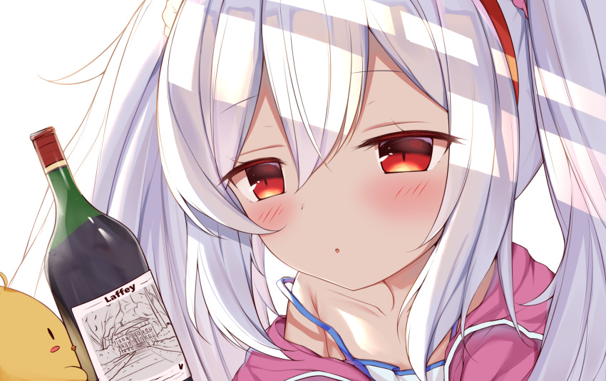 azur_lane bird blush bottle character_name chick collarbone commentary female hair_between_eyes hairband highres irokari jacket laffey_(azur_lane) long_hair looking_at_another manjuu_(azur_lane) parted_lips red_eyes shade sidelocks simple_background twintails white_background white_hair wine_bottle