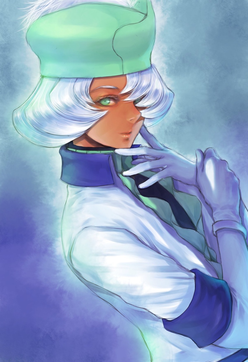 1boy dark-skinned_male dark_skin gloves green_eyes green_headwear green_shirt gundam hair_over_one_eye hat highres jacket looking_at_viewer loran_cehack shirt short_hair takeda_yuuko turn_a_gundam turtleneck white_gloves white_hair white_jacket