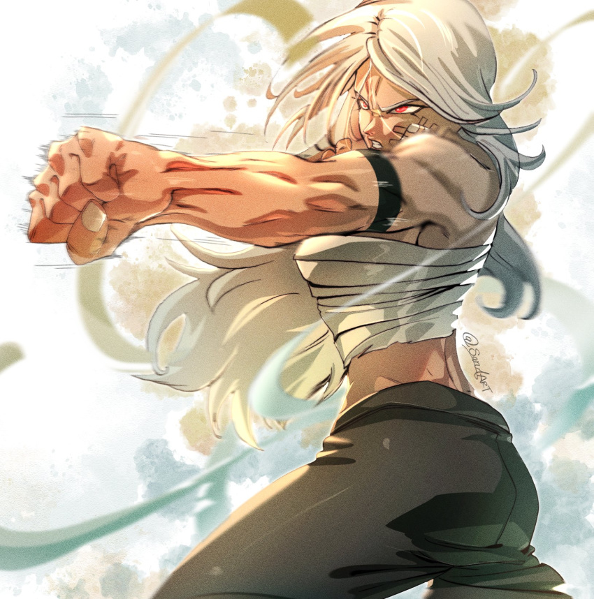 arm_strap bandage_on_face bandages black_pants borrowed_character breasts chest_sarashi clenched_hand clenched_teeth commentary female furrowed_brow highres long_hair medium_breasts motion_lines original pants punching red_eyes sarashi sarulart serious signature solo symbol-only_commentary teeth toned twitter_username white_hair