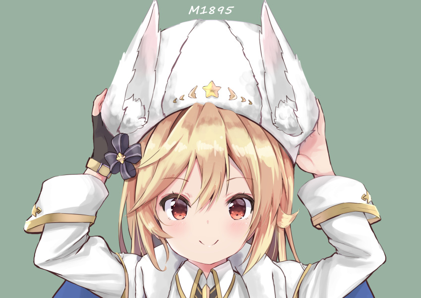 amano_kouki animal_ear_fluff animal_ears animal_hat arms_up black_gloves blonde_hair blush closed_mouth collared_shirt commentary_request fake_animal_ears female fingerless_gloves girls'_frontline gloves green_background hair_between_eyes hands_on_headwear hat highres jacket long_hair long_sleeves looking_at_viewer nagant_revolver_(girls'_frontline) nagant_revolver_(mod3)_(girls'_frontline) red_eyes shirt simple_background single_glove smile solo upper_body white_hat white_jacket white_shirt