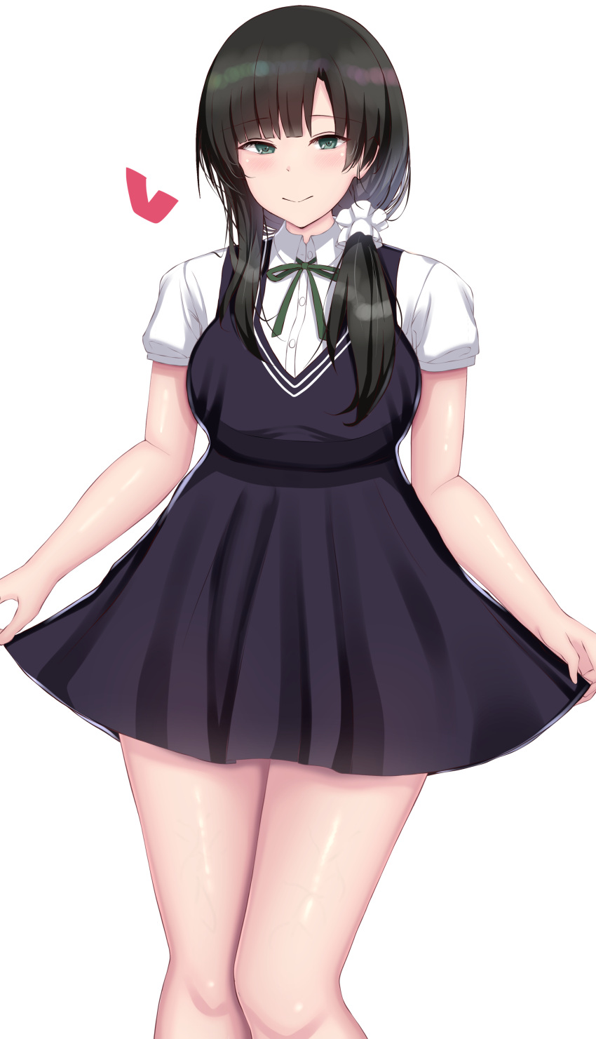 absurdres assault_lily bad_id bad_pixiv_id black_dress black_hair blunt_bangs blush buttons chin_gero closed_mouth collared_shirt commentary_request dress feet_out_of_frame female green_eyes green_ribbons hair_ornament hair_over_shoulder hair_scrunchie heart highres long_hair looking_at_viewer low_ponytail neck_ribbon pinafore_dress ribbon school_uniform scrunchie shirt short_dress side_ponytail simple_background skirt_hold sleeveless sleeveless_dress smile solo standing wang_yujia white_background white_scrunchie white_shirt