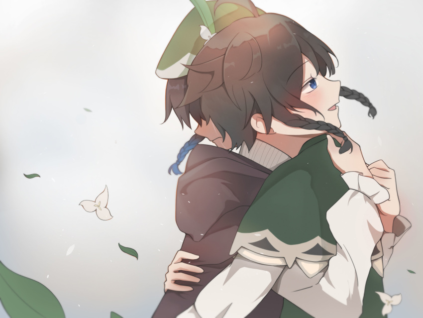 2boys absurdres beret black_hair blue_hair blush braid cape cloak crying dual_persona flower frilled_sleeves frills genshin_impact gradient_hair green_eyes grey_background hat highres hood hood_down hooded_cloak hug leaf long_sleeves male_focus multicolored_hair multiple_boys nameless_bard_(genshin_impact) open_mouth simple_background smile spoilers streaming_tears tears twin_braids venti_(genshin_impact) xiang_kong