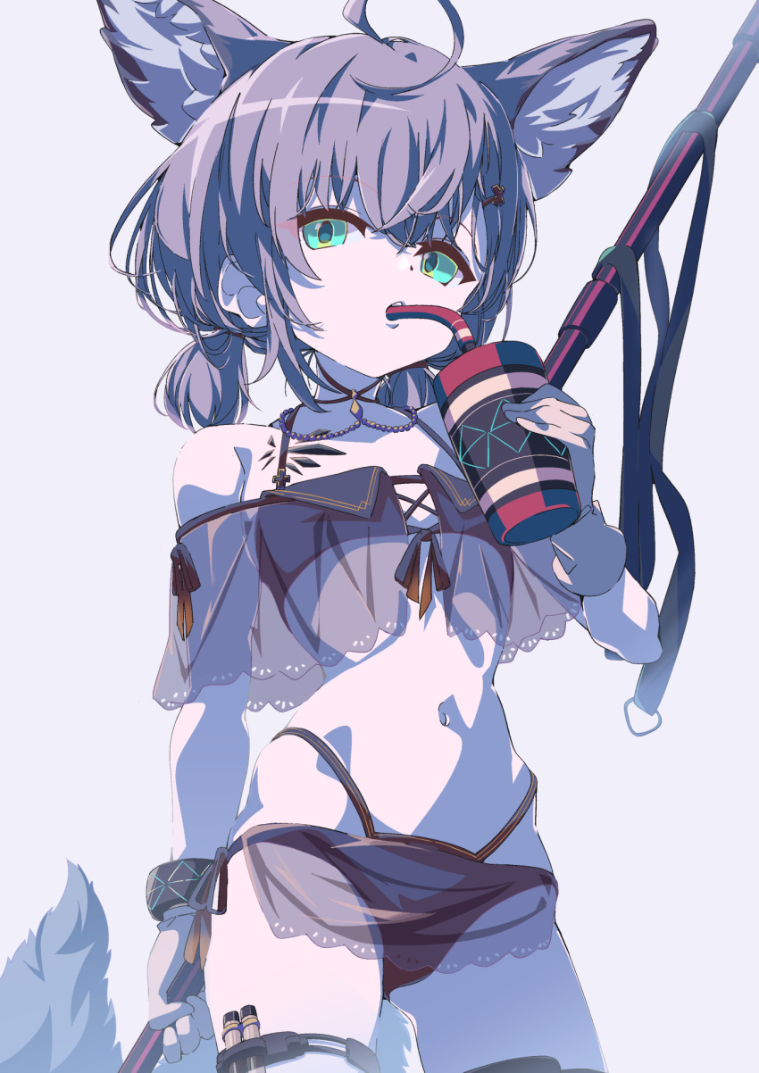 ahoge animal_ear_fluff animal_ears arknights ass_visible_through_thighs bikini black_bikini cowboy_shot cup drinking_straw drinking_straw_in_mouth extra_ears female fox_ears fox_girl fox_tail from_below green_eyes grey_hair hair_ornament highres hip_bones holding holding_cup holding_staff infection_monitor_(arknights) looking_at_viewer material_growth midriff navel off-shoulder_bikini off_shoulder official_alternate_costume originium_(arknights) oripathy_lesion_(arknights) sajimaririri short_twintails solo staff standing sussurro_(arknights) sussurro_(summer_flower)_(arknights) swimsuit tail twintails