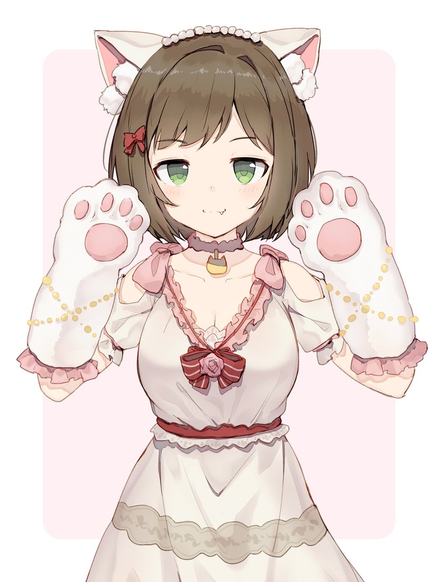 animal_ear_fluff animal_ears animal_hands bow breasts brown_hair cat_ears choker collarbone fake_animal_ears fang_out female frills gloves green_eyes hairbow hands_up highres idolmaster idolmaster_cinderella_girls looking_at_viewer maekawa_miku medium_breasts oerba_yun_fang paw_gloves shirt shone short_hair simple_background skirt smile solo white_shirt white_skirt