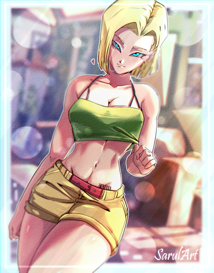 absurdres android_18 artist_name blonde_hair blue_eyes blurry breasts camisole cleavage commentary cosplay crop_top dragon_ball dragon_ball_(classic) dragon_ball_z dutch_angle female green_camisole green_tank_top groin heart highres large_breasts lunch_(bad)_(dragon_ball) lunch_(dragon_ball) lunch_(dragon_ball)_(cosplay) midriff navel number_tattoo sarulart shirt_tug short_shorts shorts smile solo symbol-only_commentary tank_top tattoo yellow_shorts