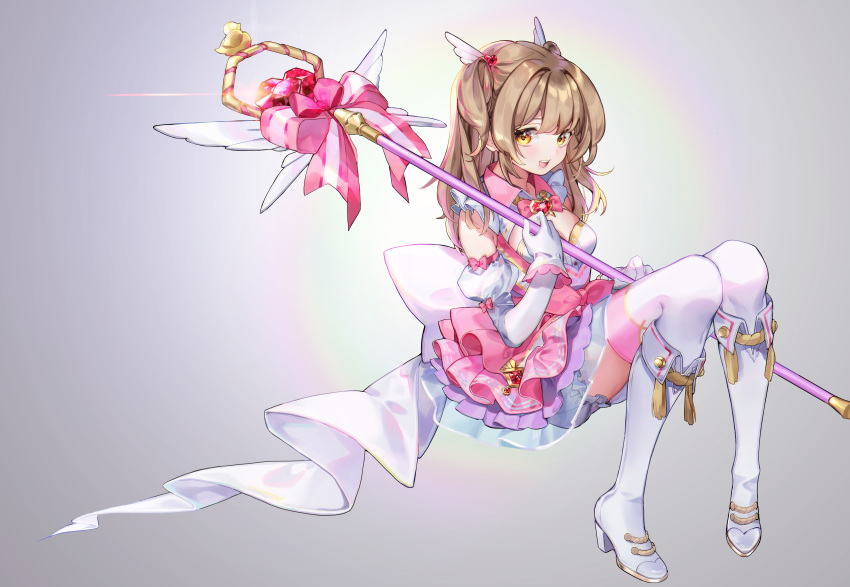 absurdres adcd boots bow bowtie brown_hair commentary detached_sleeves female gem gloves hair_ornament head_wings high_heel_boots high_heels highres knee_boots knights_chronicle korean_commentary leona_(knights_chronicle) magical_girl ribbon simple_background solo staff thighhighs white_footwear white_thighhighs wings yellow_eyes