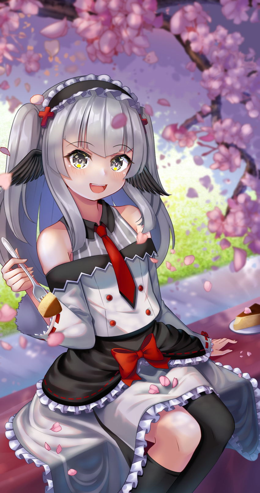 absurdres asymmetrical_legwear buttons cake cake_slice chiem_(vtuber) double-breasted female food fork frilled_skirt frills gradient_eyes grey_eyes grey_hair hairband highres hoshino_aoi_(la_huynh_hai_than) indie_virtual_youtuber looking_at_viewer mismatched_legwear multicolored_eyes necktie off_shoulder open_mouth red_necktie skirt solo two_side_up virtual_youtuber wings yellow_eyes