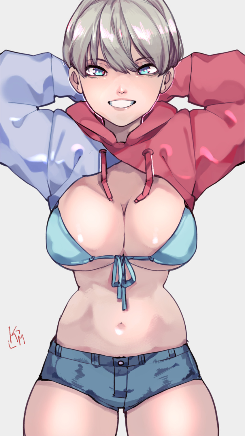 arms_up bikini bikini_top_only blue_eyes breasts cleavage commentary cowboy_shot cropped_hoodie drawstring edie_crop_hoodie female grey_hair highres hood hoodie kamii_momoru large_breasts long_sleeves looking_at_viewer meme_attire midriff navel parted_lips short_hair short_shorts shorts simple_background smile solo swimsuit uzaki-chan_wa_asobitai! uzaki_hana white_background