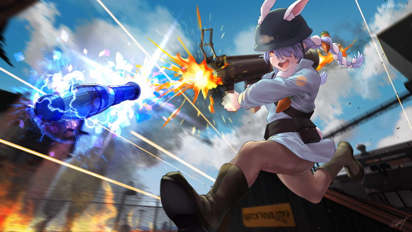 2fort animal_ears battle black_footwear black_headwear black_pantyhose blu_soldier_(tf2) blu_soldier_(tf2)_(cosplay) blue_hair blue_shirt boots braid carrot commentary cosplay critical_hit ears_through_headwear extra_ears female game_screenshot_background hair_ornament helmet highres hololive long_hair multicolored_hair open_mouth pantyhose rabbit_ears red_eyes rocket_launcher shirt signature soldier_(tf2) soldier_(tf2)_(cosplay) solo team_fortress_2 teeth tian_nya twitter_username two-tone_hair usada_pekora virtual_youtuber weapon white_hair