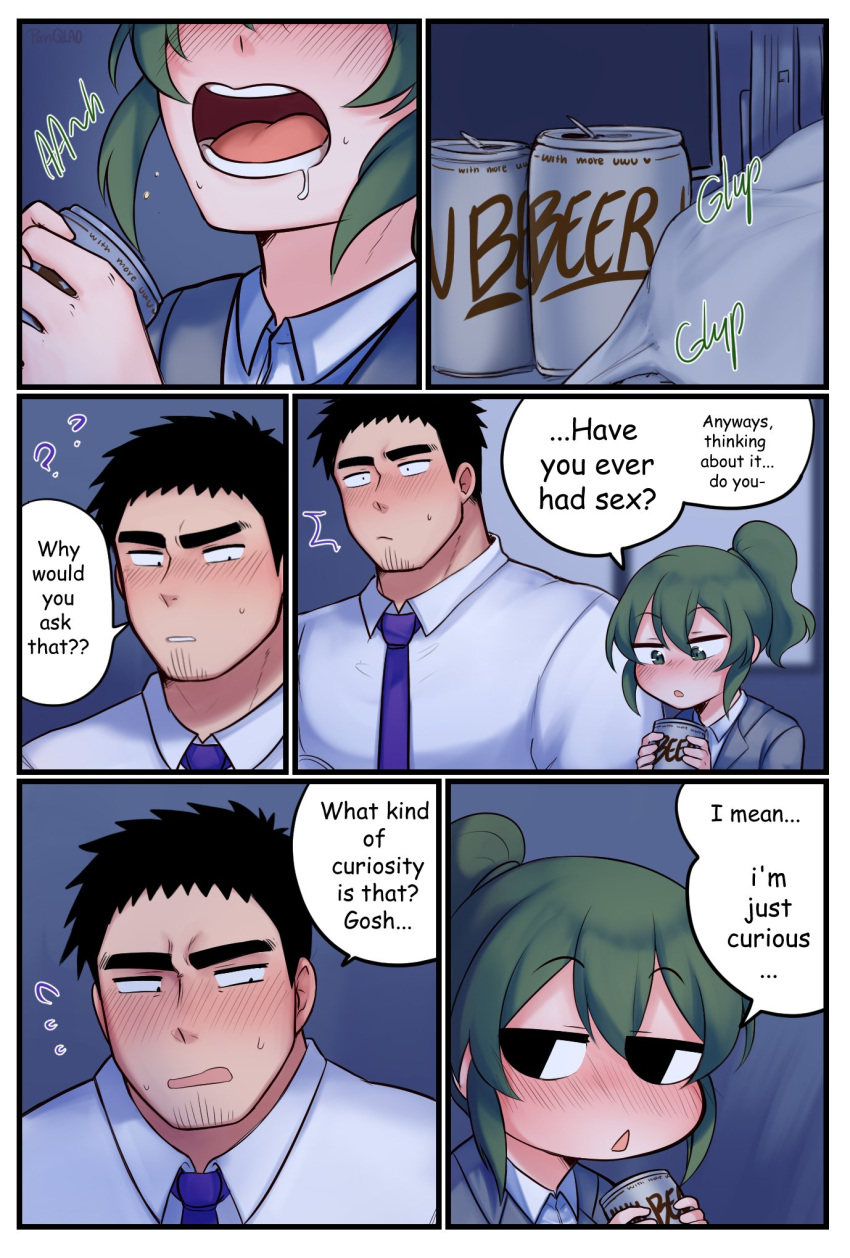 ? beer_can black_eyes black_hair blush can coat dark drinking drunk embarrassed english_commentary english_text facial_hair green_eyes green_hair highres igarashi_futaba_(shiromanta) medium_hair muscular office office_lady overcoat panqlao ponytail salaryman senpai_ga_uzai_kouhai_no_hanashi shiromanta_(character) short_hair sidelocks sky stretching stubble takeda_harumi_(shiromanta) thick_eyebrows