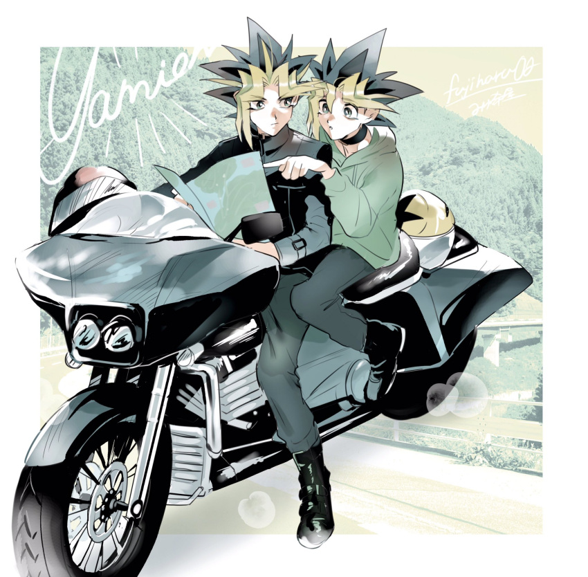 2boys bad_id bad_twitter_id black_footwear black_hair blonde_hair boots closed_mouth commentary_request dyed_bangs fujiharu_(akamine) grey_eyes highres holding holding_map jacket long_sleeves male_focus map motor_vehicle motorcycle multiple_boys muto_yugi pants pointing sitting spiked_hair yami_yugi yu-gi-oh! yu-gi-oh!_duel_monsters