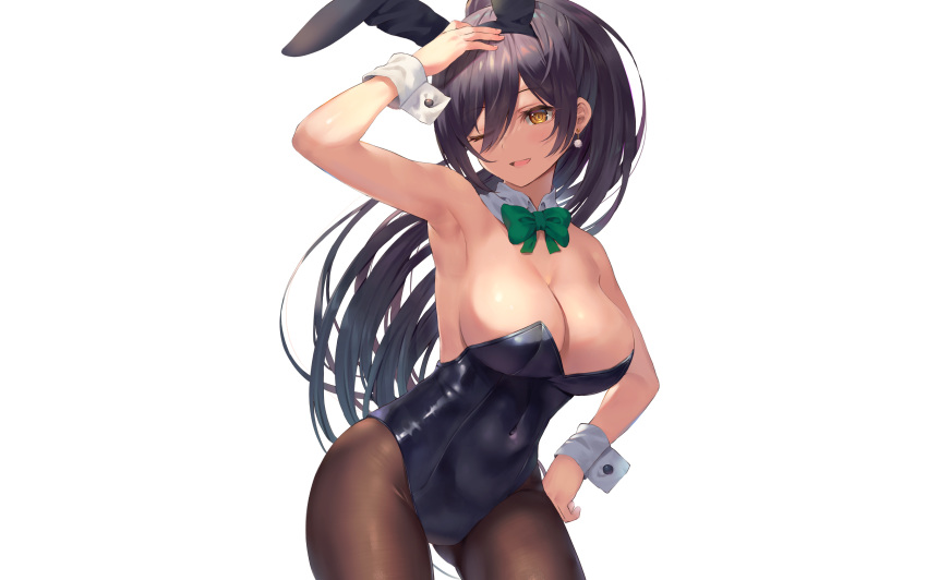 animal_ears black_hair blush bow breasts bunny_ears bunnygirl cleavage headband idolmaster idolmaster_shiny_colors leotard long_hair pantyhose ponytail rangen shirase_sakuya white wink wristwear yellow_eyes