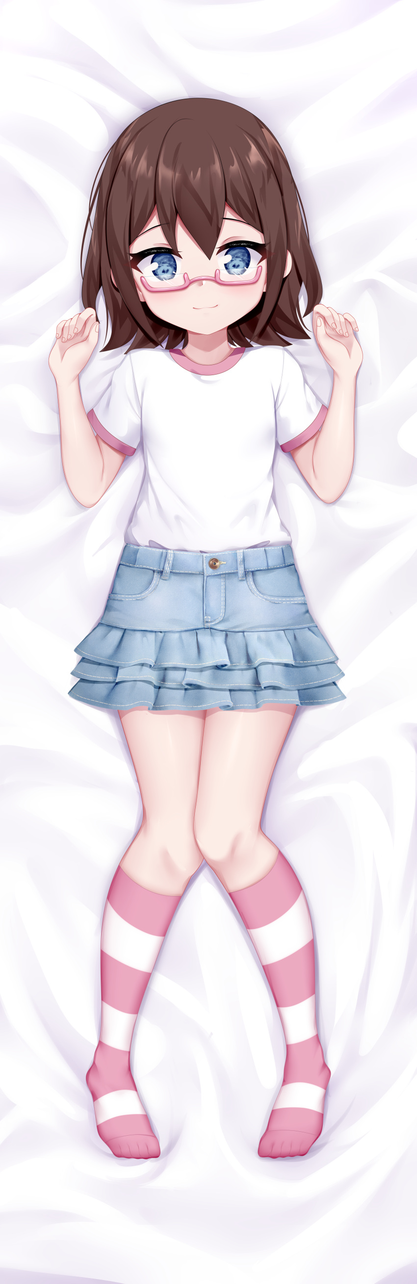 absurdres bed_sheet blue_eyes blue_skirt brown_hair chrisandita closed_mouth commentary commission dakimakura_(medium) denim denim_skirt english_commentary female full_body glasses hands_up highres kneehighs layered_skirt looking_at_viewer lying no_shoes on_back original pink-framed_eyewear pixiv_commission pleated_skirt semi-rimless_eyewear shirt short_sleeves skirt smile socks solo striped_clothes striped_socks under-rim_eyewear white_shirt