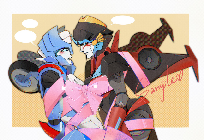 2girls blue_eyes bound_together breasts chromia colored_skin helmet highres mecha medium_breasts multiple_girls ripper6857 robot the_transformers_(idw) transformers windblade wings yuri