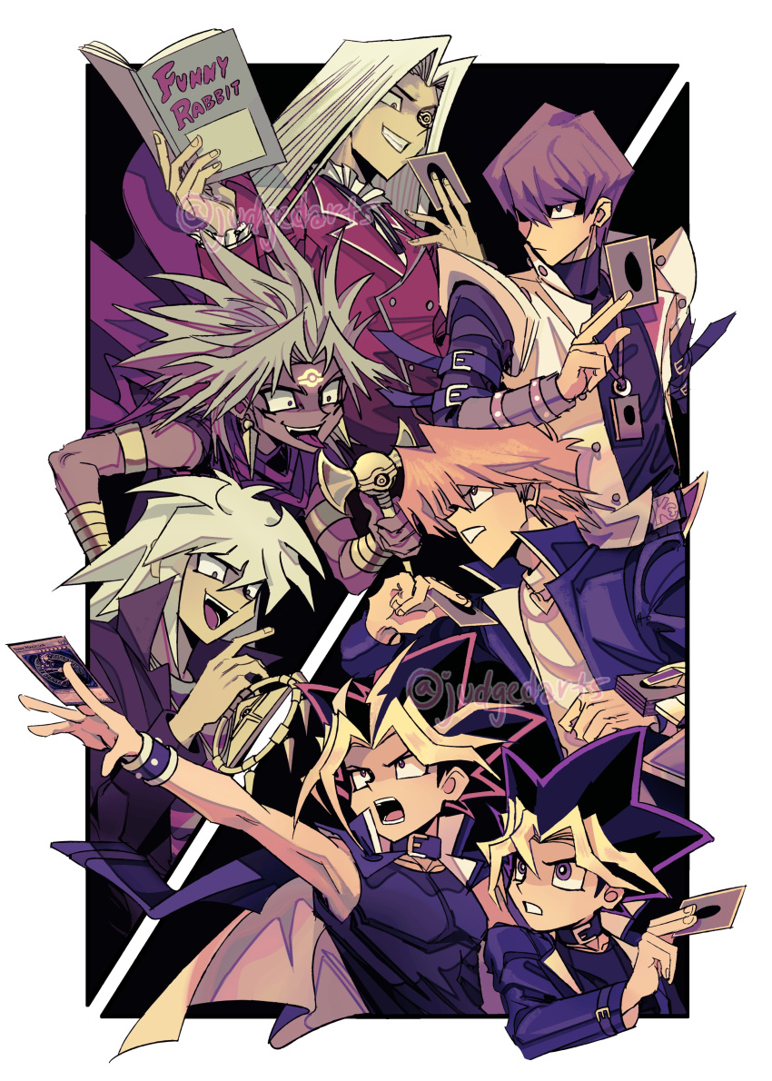 6+boys :d absurdres blonde_hair book buttons card coat commentary dark-skinned_male dark_skin dyed_bangs english_commentary eye_of_horus facial_mark forehead_mark grey_hair hand_grab hand_up highres holding holding_book holding_card jacket jewelry jonouchi_katsuya judgedarts kaiba_seto long_hair long_sleeves male_focus millennium_eye millennium_ring millennium_rod multiple_boys muto_yugi necklace open_clothes open_coat open_mouth orange_hair outstretched_arm pegasus_j_crawford popped_collar purple_hair purple_jacket shirt sleeveless sleeveless_coat smile spiked_hair teeth tongue tongue_out twitter_username upper_teeth_only watermark white_coat white_hair yami_bakura yami_marik yami_yugi yu-gi-oh! yu-gi-oh!_duel_monsters