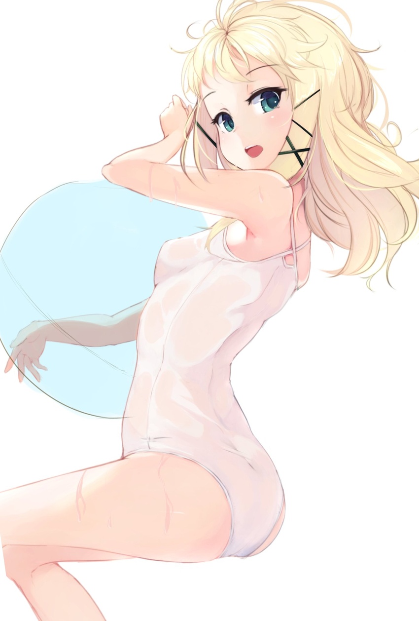 ass ball black_bullet blonde_hair blue_eyes female hair_ornament highres long_hair looking_at_viewer lumo_1121 one-piece_swimsuit open_mouth simple_background solo swimsuit tina_sprout white_background x_hair_ornament