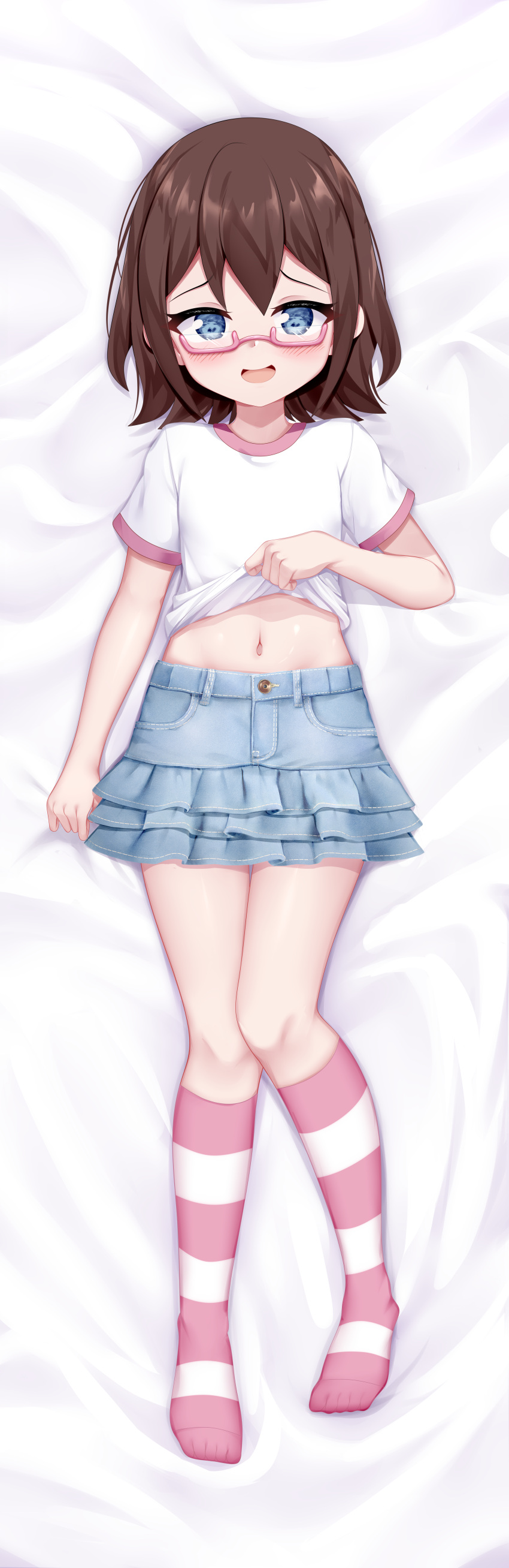 :d absurdres bed_sheet blue_eyes blue_skirt brown_hair chrisandita clothes_lift commentary commission dakimakura_(medium) denim denim_skirt english_commentary female full_body glasses highres kneehighs layered_skirt lifting_own_clothes looking_at_viewer lying navel no_shoes on_back original pink-framed_eyewear pixiv_commission pleated_skirt semi-rimless_eyewear shirt shirt_lift short_sleeves skirt smile socks solo striped_clothes striped_socks under-rim_eyewear white_shirt