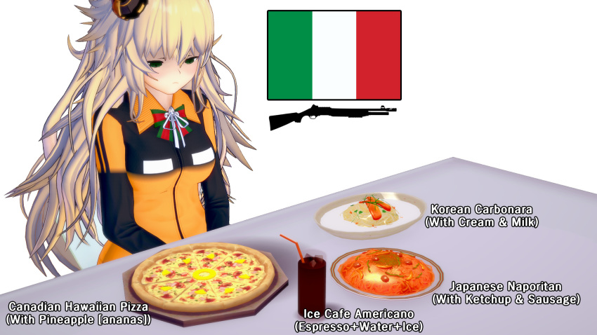 3d blonde_hair bow bowtie carbonara_(food) coffee culture_shock cup disappointed drinking_glass drinking_straw english_text espresso_(drink) fabarm_sat-8 female food fruit girls'_frontline green_bow green_bowtie green_eyes gun hawaiian_pizza highres ice ice_cube italian_flag ketchup korean_commentary long_hair looking_down napolitan neck_ribbon ntka pasta pineapple pizza plate red_bow red_bowtie ribbon s.a.t.8_(girls'_frontline) sausage shotgun simple_background solo spaghetti striped_bow striped_bowtie striped_clothes table upper_body very_long_hair weapon white_background white_ribbon