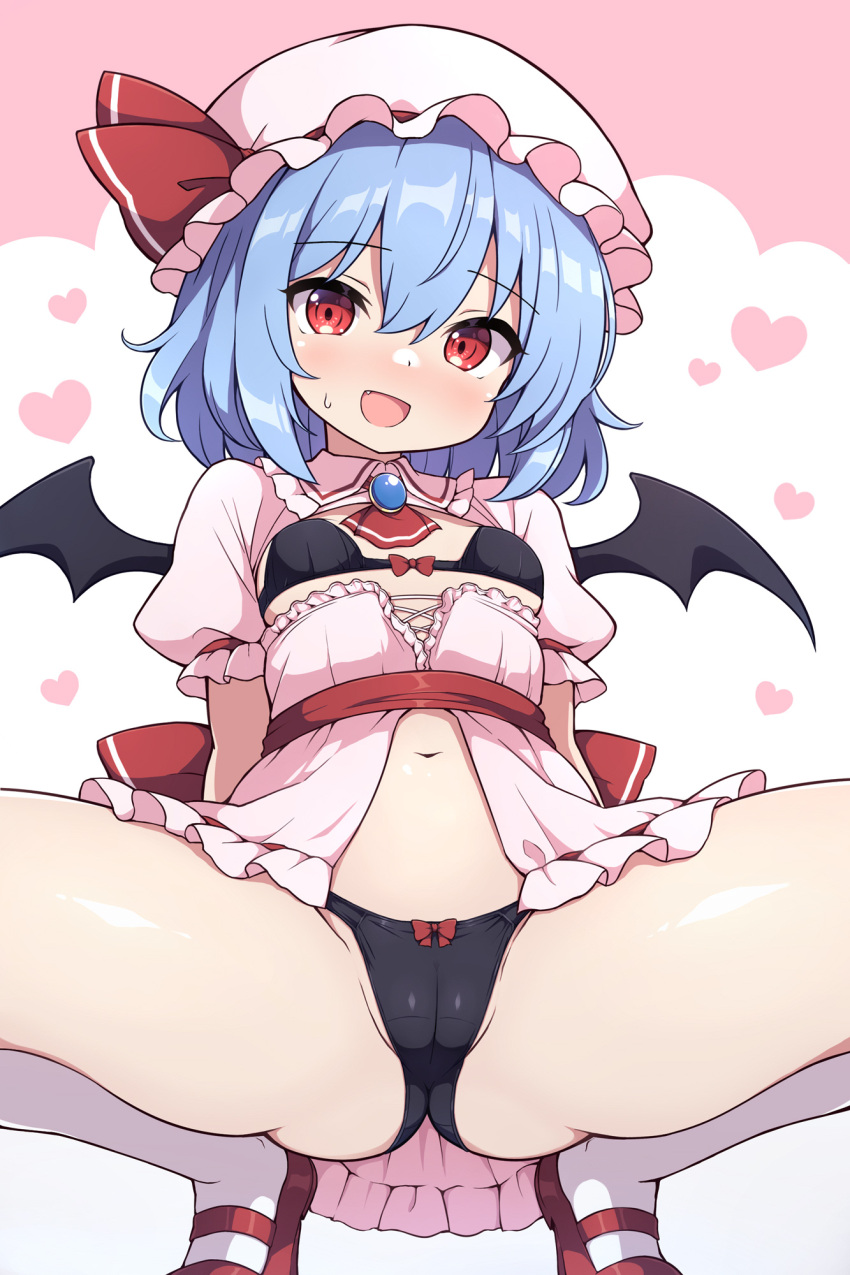 adapted_costume bat_wings black_bra black_panties black_wings blue_hair blush bra cameltoe collared_shirt commentary_request female hair_between_eyes hat hat_ribbon heart highres looking_at_viewer mob_cap navel open_mouth panties pink_hat pink_shirt red_eyes red_footwear red_ribbon remilia_scarlet ribbon rizento shirt shoes short_hair short_sleeves smile socks solo squatting touhou underwear white_socks wings