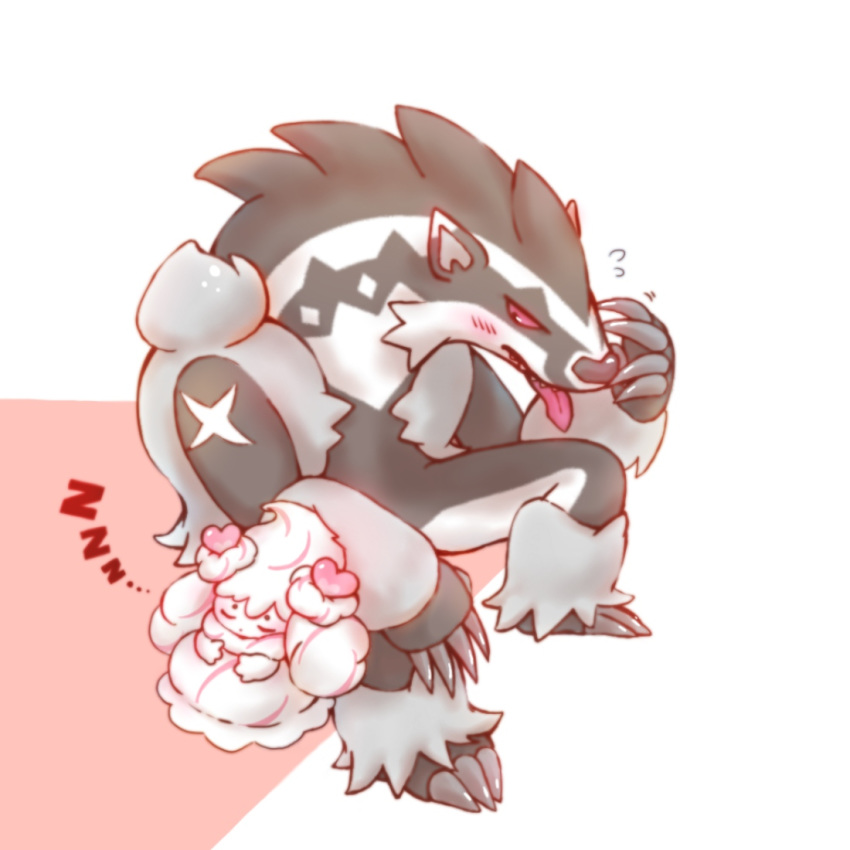 alcremie alcremie_(love_sweet) alcremie_(vanilla_cream) blush claws closed_eyes commentary heart kumagorou_(pixiv874406) looking_at_another no_humans obstagoon pokemon pokemon_(creature) sitting sleeping sound_effects tongue tongue_out zzz