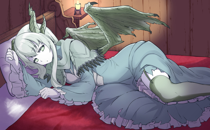 bed candle commentary_request dragon_girl dragon_horns female genderswap_(mtf) horns long_hair looking_at_viewer lying okamura_(okamura086) on_side paarthurnax pale_skin pillow rule_63 solo the_elder_scrolls the_elder_scrolls_v:_skyrim thighhighs white_hair wings