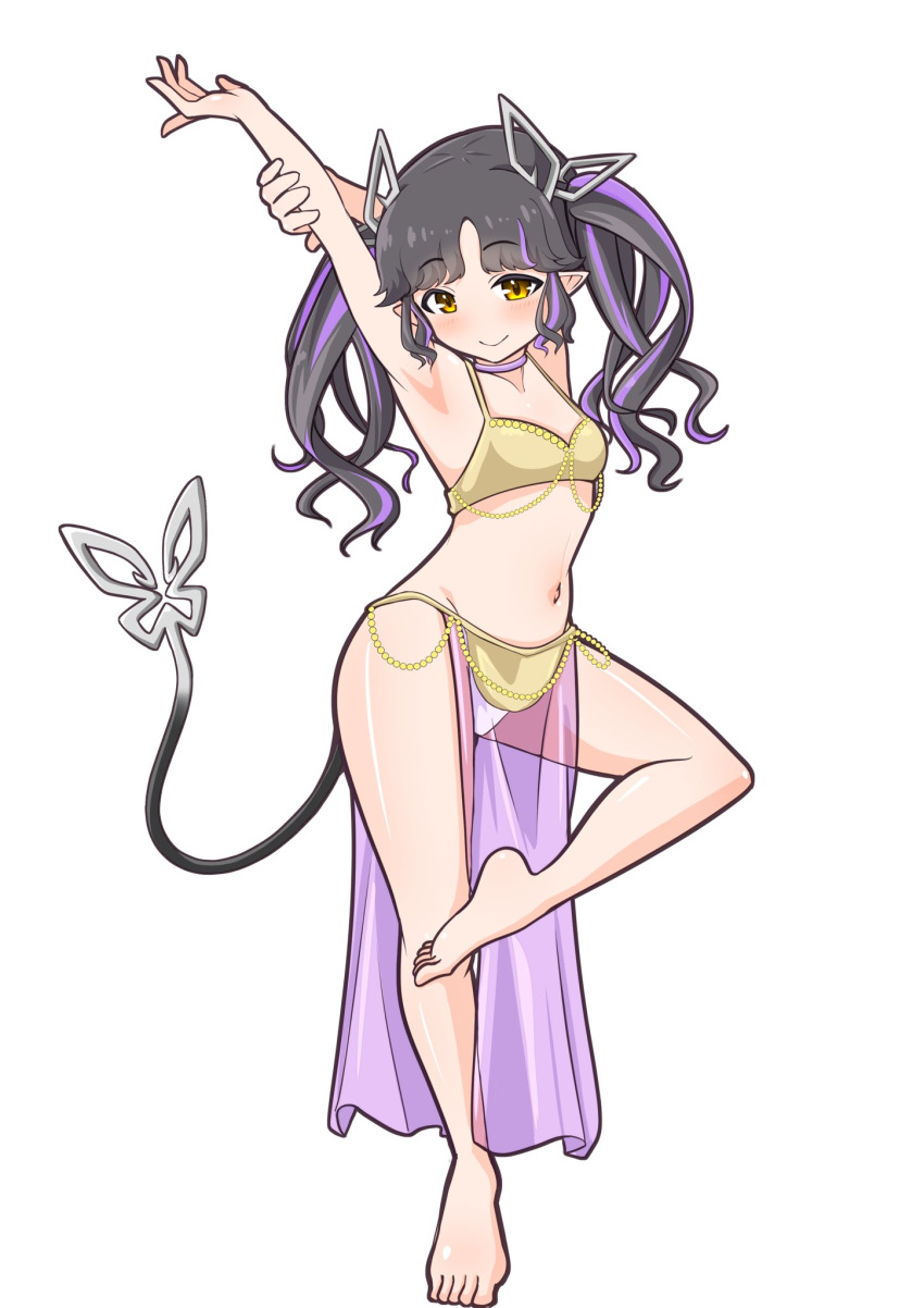 alternate_costume armpits arms_up barefoot bikini black_hair blush breasts closed_mouth commentary_request dancer demon_girl demon_horns demon_tail female full_body highres horns kojo_anna long_hair looking_at_viewer nanashi_inc. navel pointy_ears purple_hair robou_no_stone simple_background small_breasts smile solo standing standing_on_one_leg sugar_lyric swimsuit tail twintails virtual_youtuber white_background yellow_bikini yellow_eyes