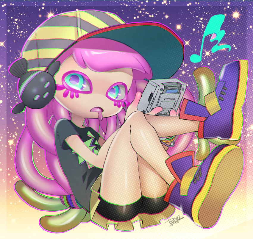 1other ass baseball_cap bike_shorts black_shirt black_shorts blue_eyes blue_footwear clownfish drooling female fish game_boy gradient_hair green_hair handheld_game_console harmony's_clownfish_(splatoon) harmony_(splatoon) hat highres isamu-ki_(yuuki) knees_up leaning_back legs legs_up long_hair miniskirt multicolored_hair open_mouth pink_hair playing_games shirt shoes short_shorts short_sleeves shorts sitting skirt splatoon_(series) splatoon_3 striped_clothes striped_headwear tentacle tentacle_hair thighs tropical_fish two-tone_hair yellow_skirt