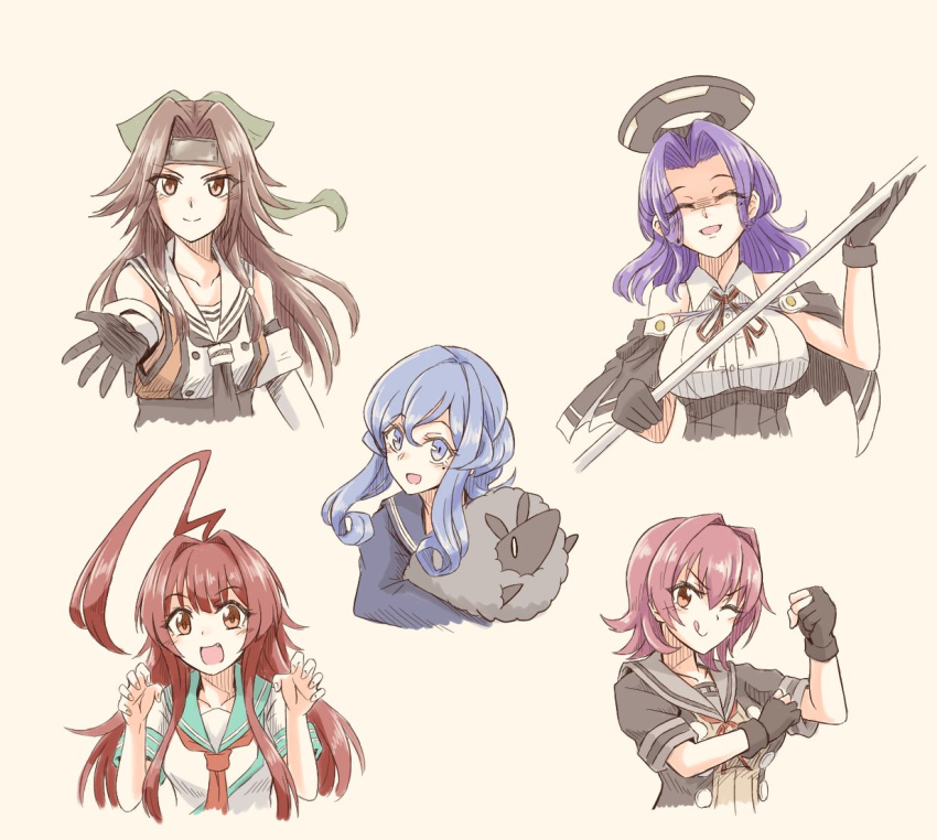 5girls :q ahoge animal black_gloves blue_hair bow breasts brown_hair capelet claw_pose clenched_hand closed_eyes cropped_torso elbow_gloves gloves gotland_(kancolle) hair_between_eyes hair_bun hairbow halo headband holding holding_animal holding_weapon huge_ahoge jintsuu_(kancolle) jintsuu_kai_ni_(kancolle) kantai_collection kinu_(kancolle) kinu_kai_ni_(kancolle) kuma_(kancolle) kuma_kai_ni_(kancolle) large_breasts long_hair long_sleeves mechanical_halo mole mole_under_eye multiple_girls oerba_yun_fang one_eye_closed open_mouth partially_fingerless_gloves polearm purple_hair red_hair sailor_collar school_uniform serafuku shaded_face sheep short_hair short_sleeves sidelocks simple_background single_hair_bun sleeveless smile suke_(share_koube) tatsuta_(kancolle) tatsuta_kai_ni_(kancolle) tongue tongue_out upper_body weapon yellow_background