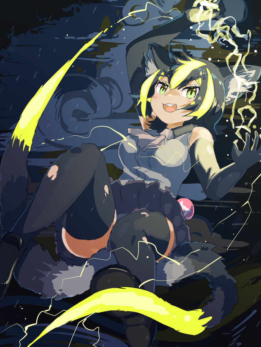 absurdres animal_ear_fluff animal_ears ascot bare_shoulders black_footwear black_gloves black_hair black_panties black_skirt black_thighhighs blonde_hair cloud commentary elbow_gloves electricity female floating gloves green_eyes hair_between_eyes highres iwa_(iwafish) kemono_friends looking_at_viewer medium_hair microskirt multicolored_hair multiple_tails panties raijuu_(kemono_friends) shirt shoes skirt sleeveless sleeveless_shirt solo tail tan thighhighs torn_clothes torn_thighhighs two-tone_hair two_tails underwear v-shaped_eyebrows