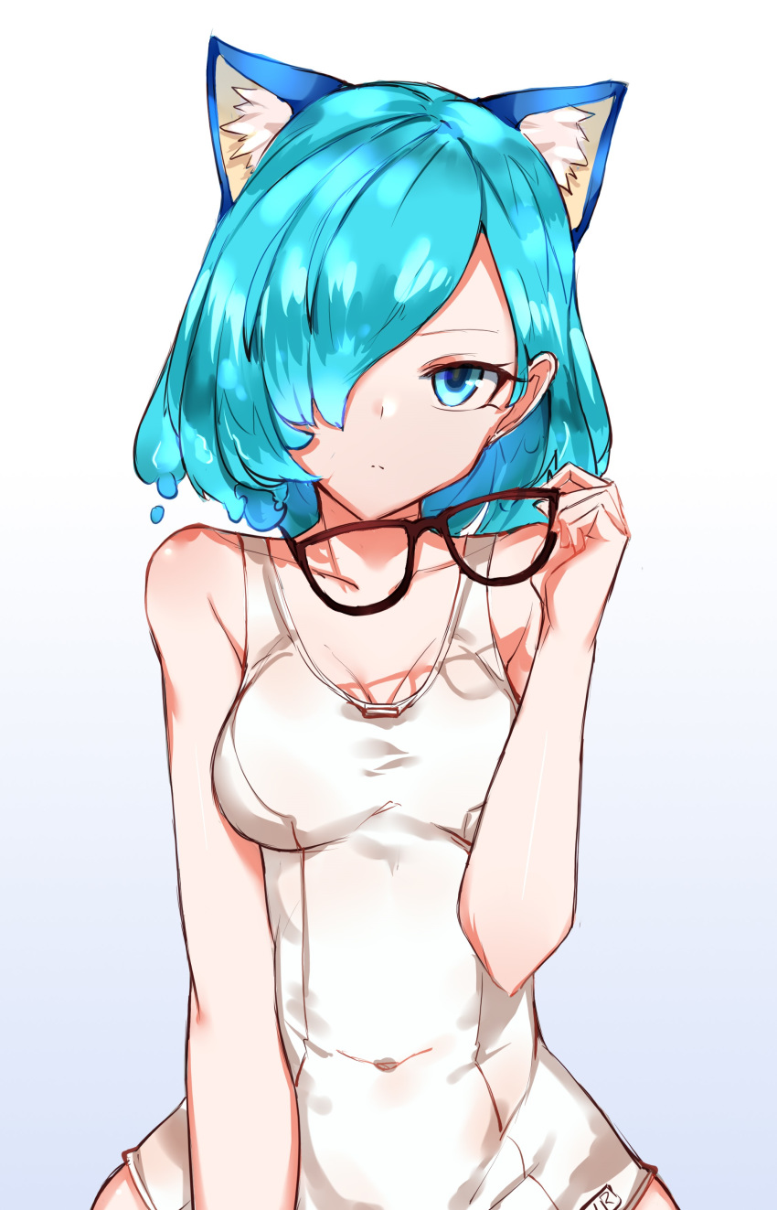 absurdres animal_ear_fluff animal_ears bare_arms bare_shoulders black-framed_eyewear blue_background blue_eyes blue_hair breasts choumi_wuti_(xueye_fanmang_zhong) closed_mouth collarbone commentary_request covered_navel female glasses gradient_background hair_over_one_eye highres light_frown looking_at_viewer medium_breasts nijisanji nyatsuki_(virtuareal) one-piece_swimsuit school_swimsuit solo swimsuit virtual_youtuber virtuareal white_background white_one-piece_swimsuit