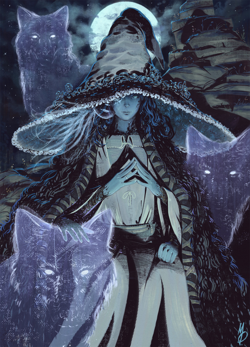 animal blue_hair blue_skin cape cloak closed_mouth colored_skin dress elden_ring extra_arms extra_faces female flat_chest fur_cape fur_cloak hand_on_another's_head hand_on_own_thigh hands_on_another's_head hat hat_ornament highres jewelry large_hat long_hair looking_at_viewer max58art moon night night_sky one_eye_covered outdoors own_hands_together ranni_the_witch ring robe sitting sky witch witch_hat wolf