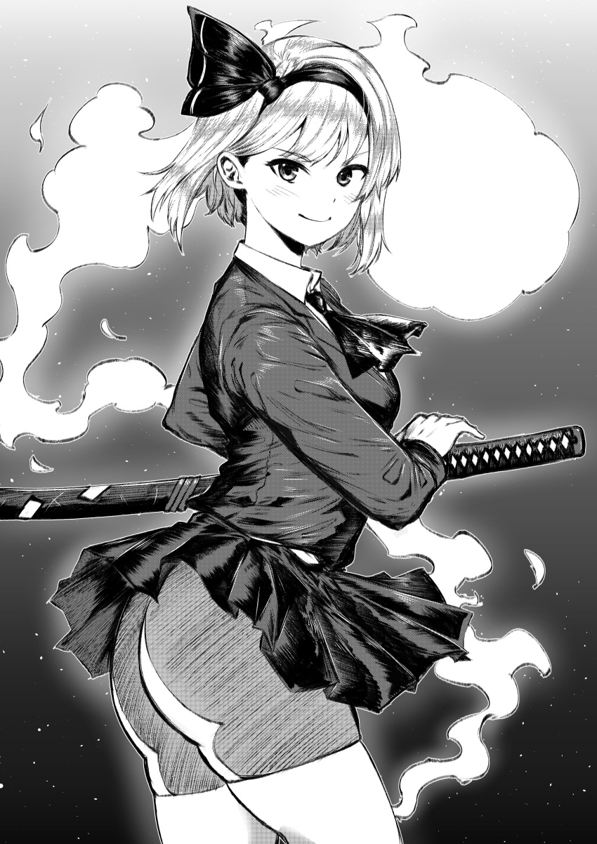 absurdres ascot ass blush bob_cut breasts closed_mouth commentary commission contrapposto cowboy_shot dark_background female from_side gradient_background greyscale hair_ribbon hairband highres hitodama holding holding_sword holding_weapon katana konpaku_youmu konpaku_youmu_(ghost) looking_at_viewer looking_to_the_side medium_breasts monochrome ribbon sen_(daydream_53) sheath sheathed short_hair shorts simple_background smile solo standing sword touhou v-shaped_eyebrows weapon