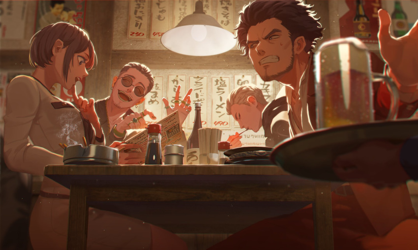 3boys alcohol beard beer closed_eyes commentary_request eating facial_hair female from_below han_joon-gi hand_up highres indoors jewelry kasuga_ichiban meipu_hm menu mukoda_saeko multiple_boys open_mouth plate profile ring ryuu_ga_gotoku_(series) ryuu_ga_gotoku_7 short_hair smile steam sunglasses sweatdrop table zhao_tianyou