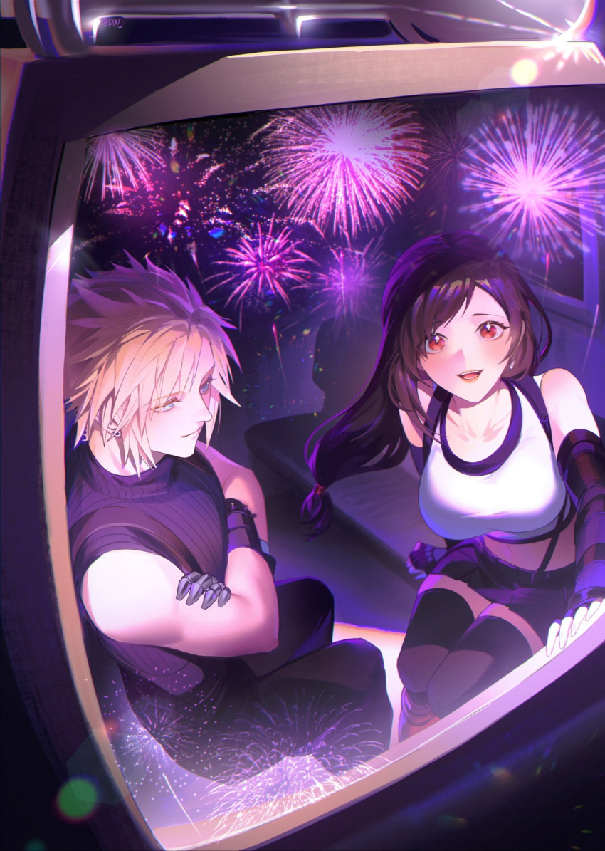 1boy bare_shoulders black_hair black_skirt black_thighhighs blonde_hair blue_eyes blush breasts cloud_strife collarbone couple crop_top crossed_arms detached_sleeves duoj_ji earrings female ferris_wheel ferris_wheel_interior final_fantasy final_fantasy_vii final_fantasy_vii_rebirth final_fantasy_vii_remake fireworks gondola highres jewelry large_breasts long_hair low-tied_long_hair midriff red_eyes sitting skirt sleeveless sleeveless_turtleneck smile spiked_hair straight suspender_skirt suspenders tank_top thighhighs tifa_lockhart turtleneck white_tank_top zettai_ryouiki